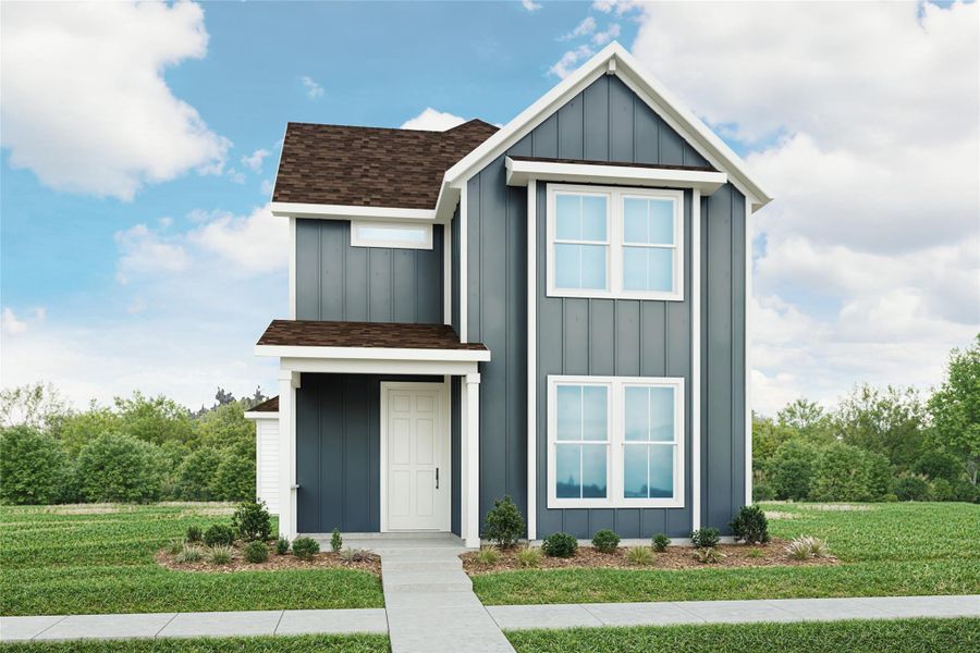 View of front of house with board and batten siding, a front yard, and a shingled roof View of front of house with board and batten siding, a front yard, and a shingled roof