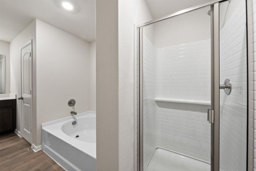 Bathroom with separate shower and tub, wood-type flooring, and vanity