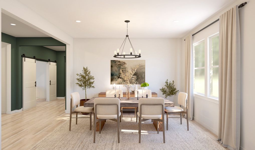 Dining room with chandelier and luxurious tile flooring Dining room with chandelier and luxurious tile flooring