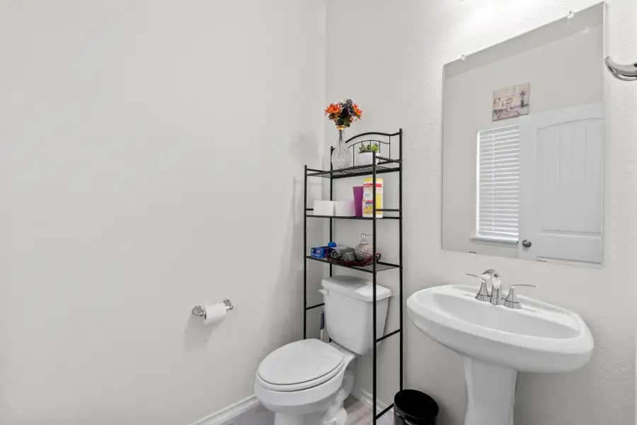Bathroom featuring a white pedestal sink with a chrome faucet, a rectangular wall-mounted mirror, and a white toilet