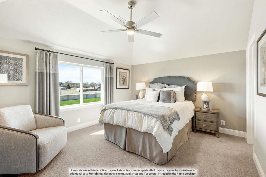 Bedroom with vaulted ceiling, ceiling fan, large window, and neutral carpet flooring