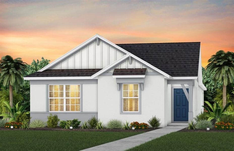 Front exterior of a new home in EverBe, Orlando, FL, highlighting curb appeal (Image 1).