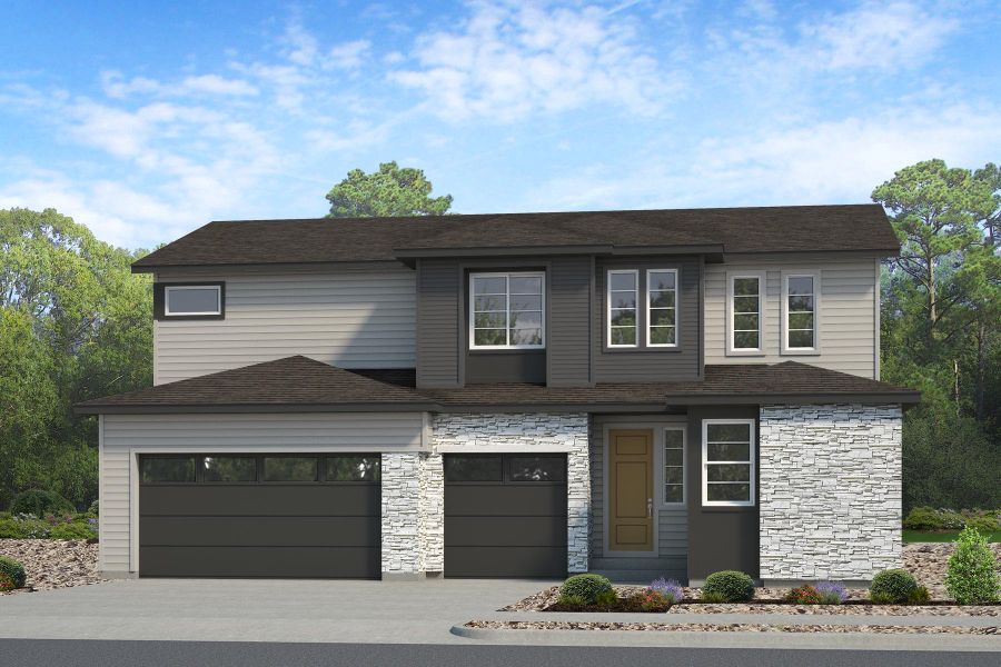 Front exterior of a new home in The Aurora Highlands, Aurora, CO, highlighting curb appeal (Image 1). Front exterior of a new home in The Aurora Highlands, Aurora, CO, highlighting curb appeal (Image 1).