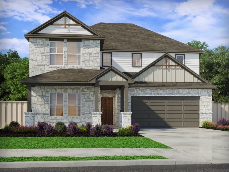 Representative exterior photo of a completed home built from the The Ian (465) by Meritage Homes in Colony at Cole Springs - Boulevard Collection, Buda, TX (Image 1). Representative exterior photo of a completed home built from the The Ian (465) by Meritage Homes in Colony at Cole Springs - Boulevard Collection, Buda, TX (Image 1).
