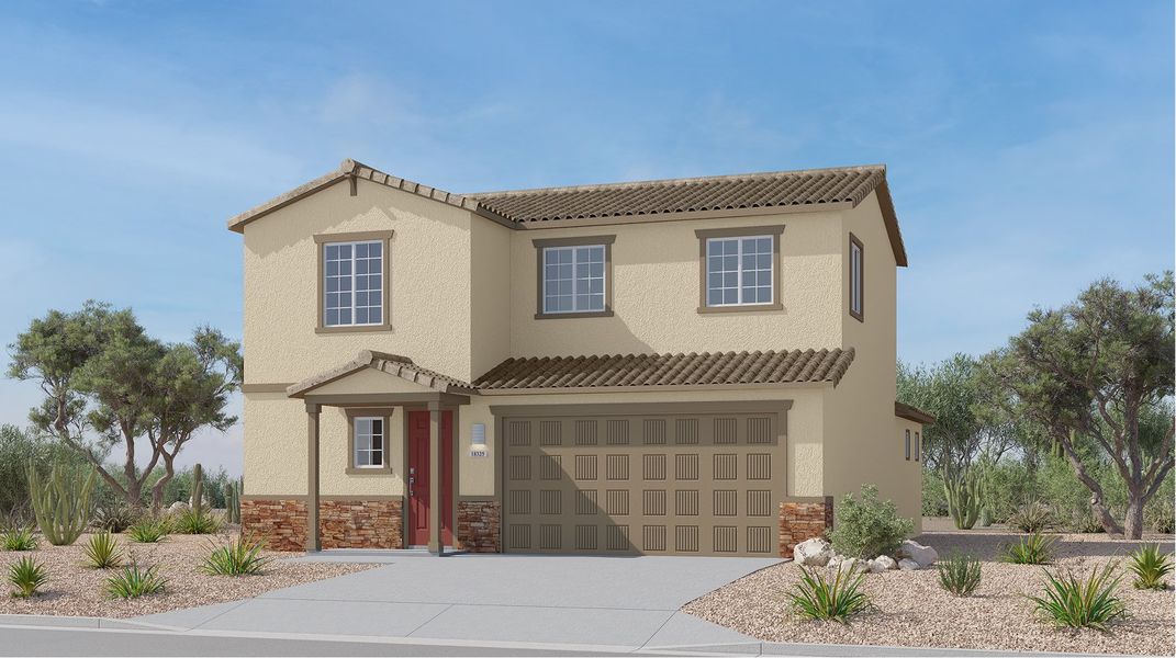 Front exterior of a new home in Mountain View at Rocking K: Loma Verde, Vail, AZ, highlighting curb appeal (Image 1).