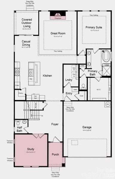 First Floor Plan - Additional Highlights Include: fireplace, study, tray ceiling at great room and primary suite, blinds, gourmet kitchen, tankless gas water heater and Revwood flooring First Floor Plan - Additional Highlights Include: fireplace, study, tray ceiling at great room and primary suite, blinds, gourmet kitchen, tankless gas water heater and Revwood flooring