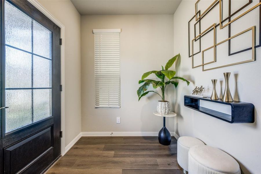 Entryway featuring dark wood-style floors and baseboards Entryway featuring dark wood-style floors and baseboards