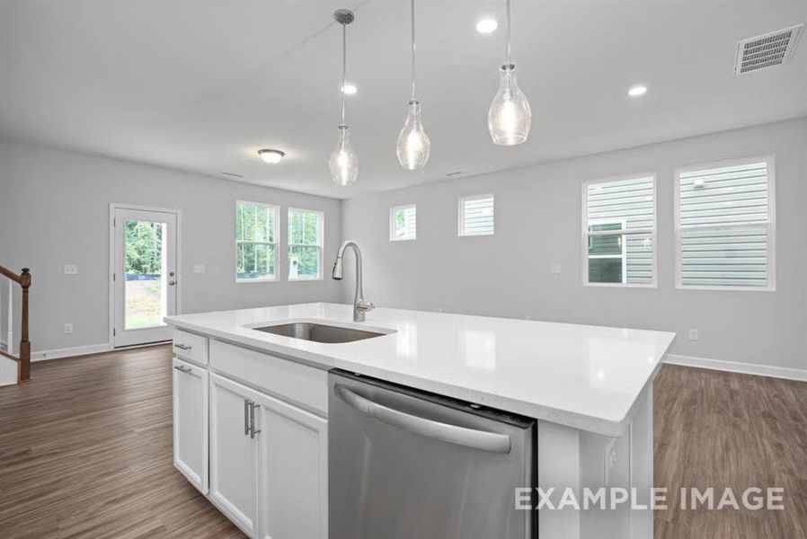 Kitchen with dishwasher, visible vents, a sink, and dark wood-type flooring