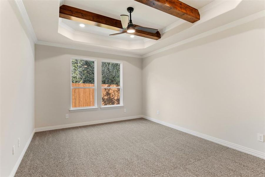 Empty room with crown molding, ceiling fan, carpet, and a tray ceiling