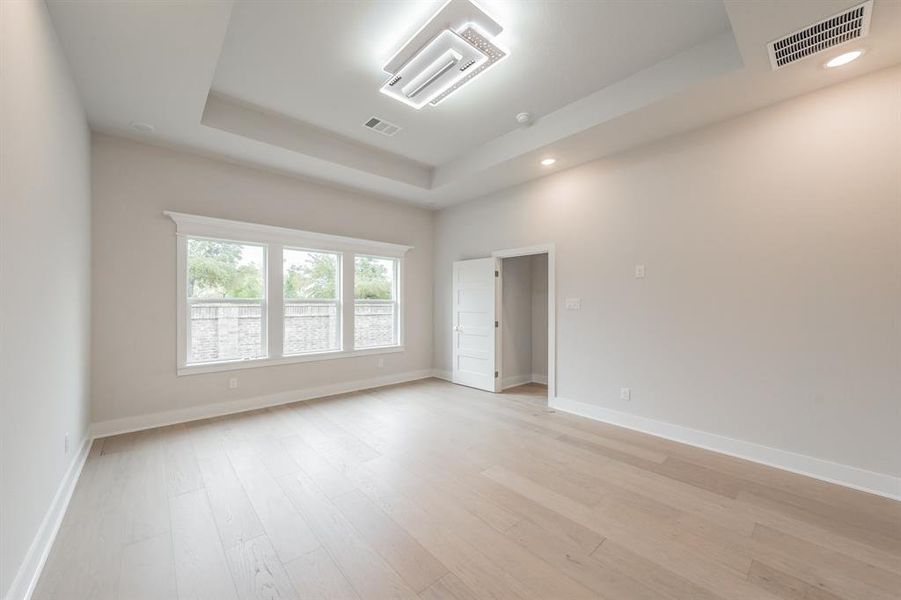 Unfurnished room with a tray ceiling and light wood-type flooring