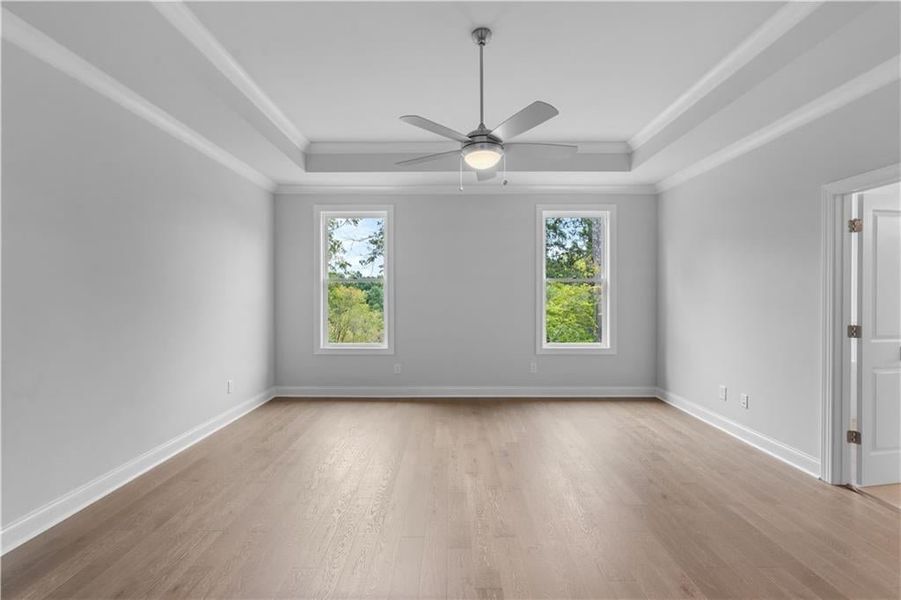 Empty room with light wood-type flooring, crown molding, a raised ceiling, a ceiling fan, and plenty of natural light Empty room with light wood-type flooring, crown molding, a raised ceiling, a ceiling fan, and plenty of natural light