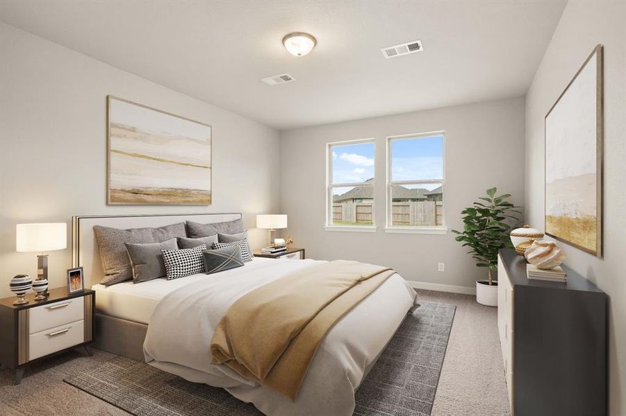 The primary bedroom is generously sized, creating a tranquil and spacious retreat that offers ample room for relaxation. Featuring plush carpet, high ceilings, fresh paint, and large windows that lets in natural lighting throughout the day.