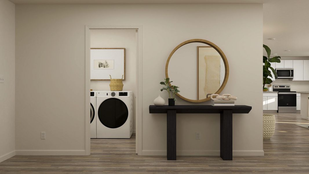 A room with a table and a mirror. A room with a table and a mirror.