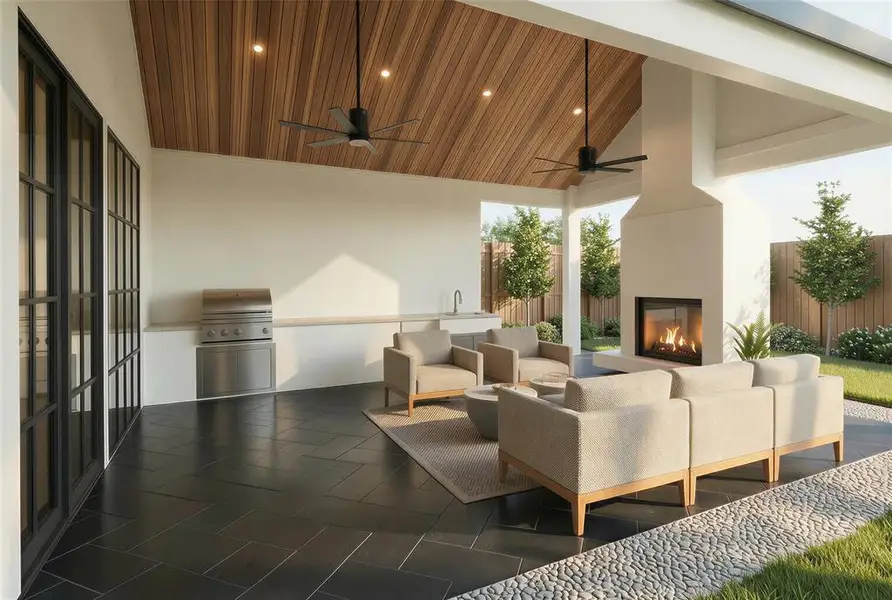 Rendering: The spacious back patio includes a summer kitchen, vaulted wood ceiling, and fireplace for easy entertaining.