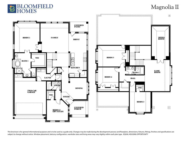 Bloomfield Homes Magnolia II two-story floor plan with five bedrooms, game room, media room, and two-car garage.