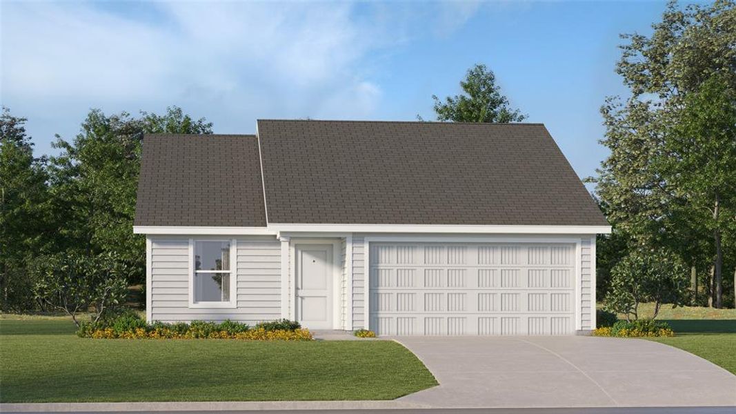 View of front of home featuring a garage and a front lawn