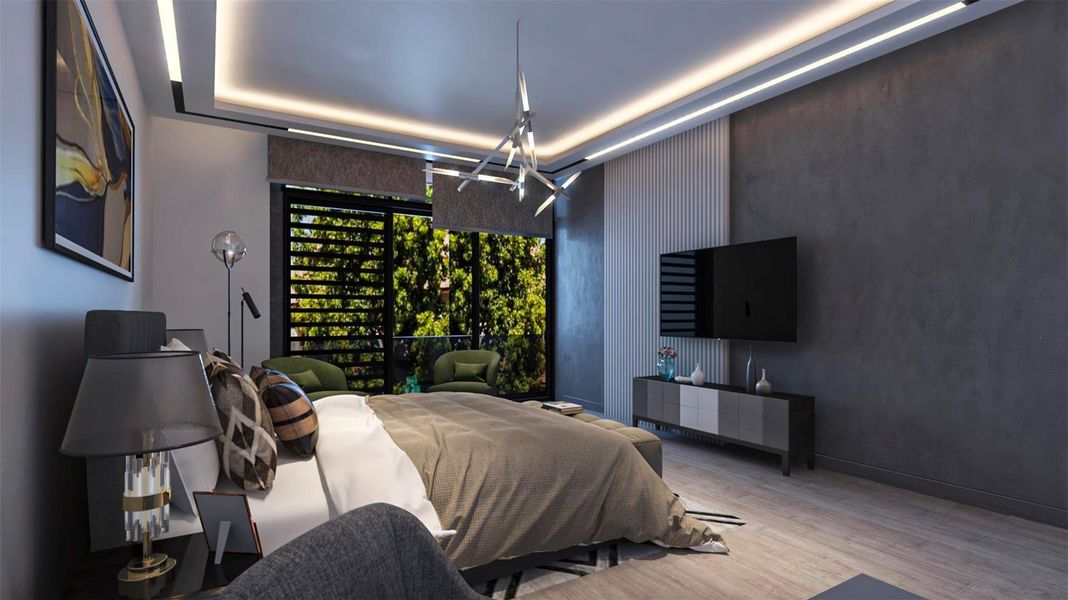 Modern bedroom with sleek design, featuring a large bed, contemporary lighting, and a flat-screen TV. The room has a stylish gray accent wall and large windows with a view of greenery, creating a bright and inviting atmosphere. Virtually staged.