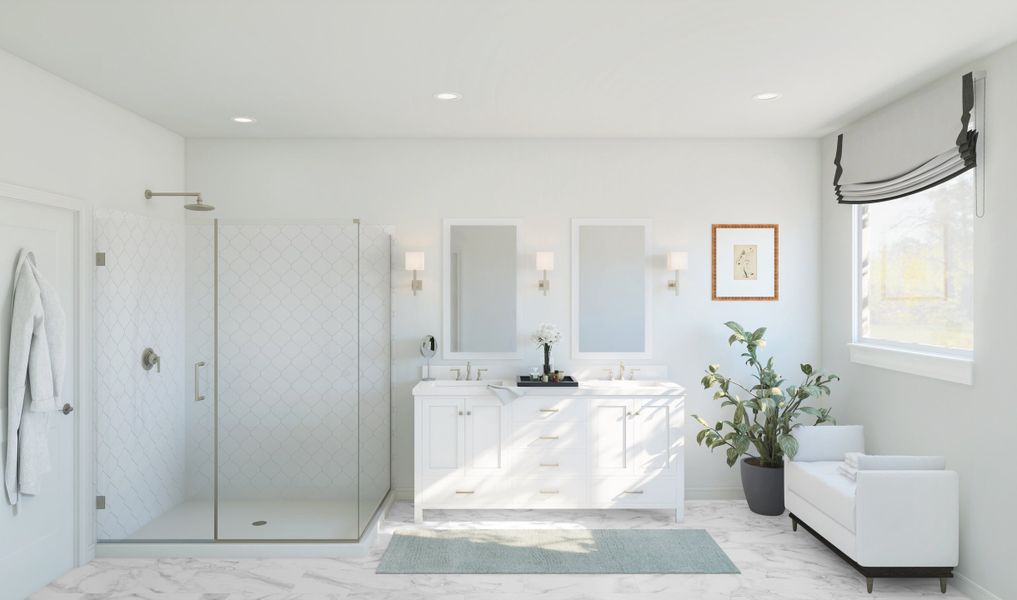 Primary bath with freestanding dual vanities