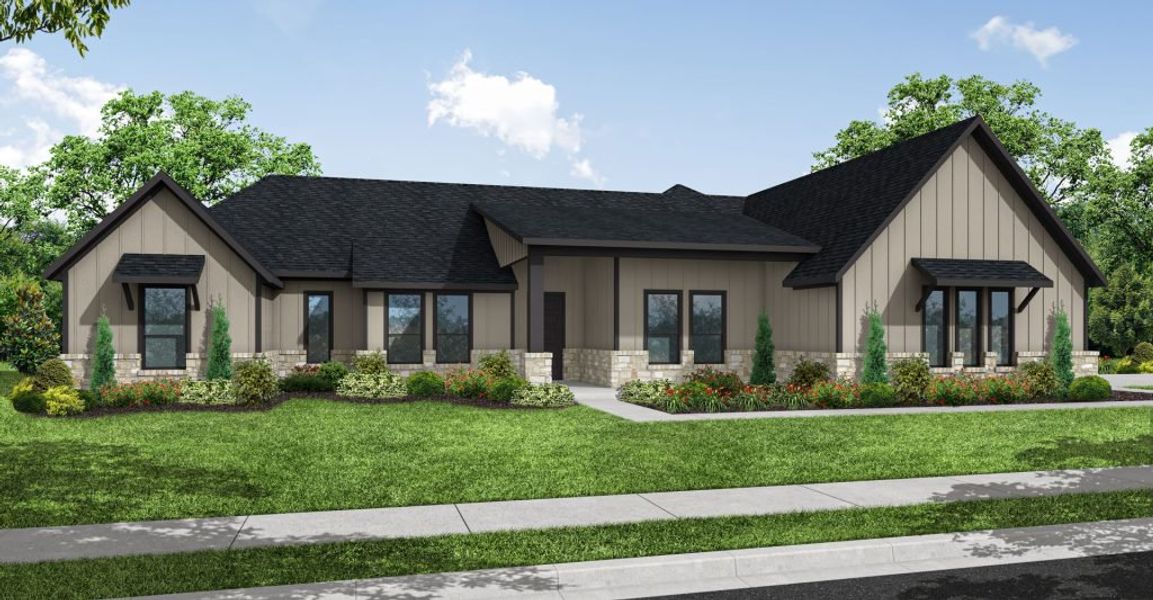 Representative exterior photo of a completed home built from the Olive by Impression Homes in Estates of Palmer, Palmer, TX (Image 5). Representative exterior photo of a completed home built from the Olive by Impression Homes in Estates of Palmer, Palmer, TX (Image 5).