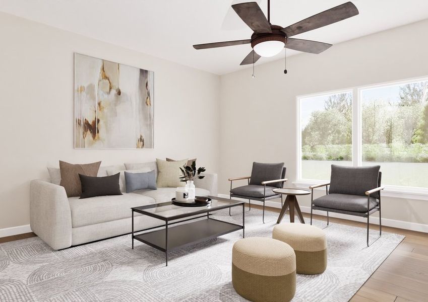 Modern living room with a light sofa, patterned cushions, abstract wall art, and two dark armchairs. A glass coffee table, pouffes, ceiling fan, large window, and soft lighting create a cozy atmosphere. Modern living room with a light sofa, patterned cushions, abstract wall art, and two dark armchairs. A glass coffee table, pouffes, ceiling fan, large window, and soft lighting create a cozy atmosphere.