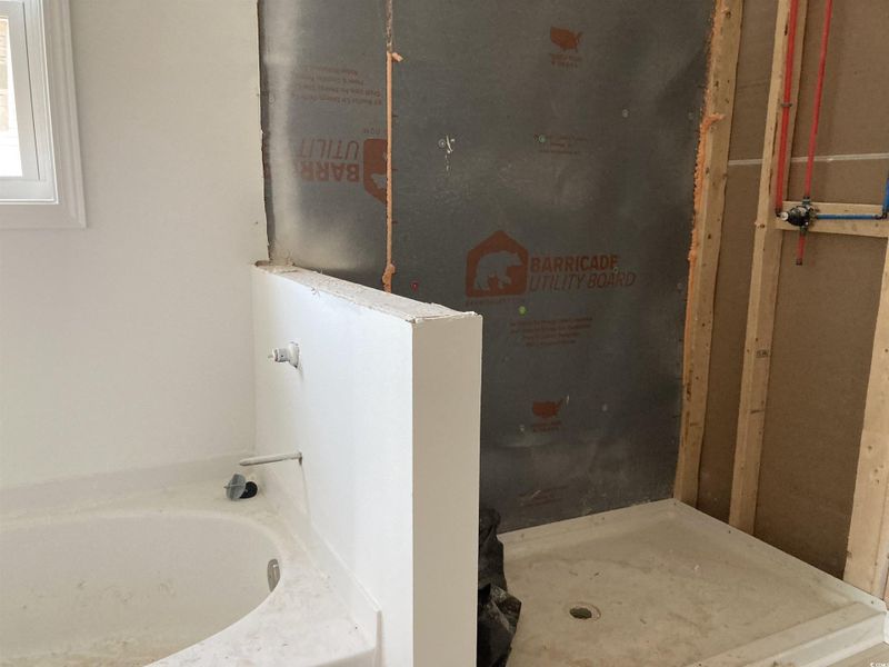 Full bathroom with a bath and a shower stall