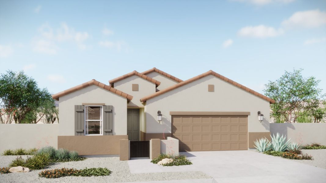 Front exterior of a new home in Elara at Moonlight, Maricopa, AZ, highlighting curb appeal (Image 1). Front exterior of a new home in Elara at Moonlight, Maricopa, AZ, highlighting curb appeal (Image 1).