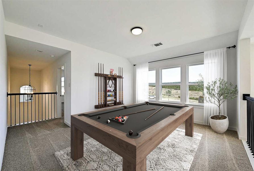 Game room with carpet floors and billiards