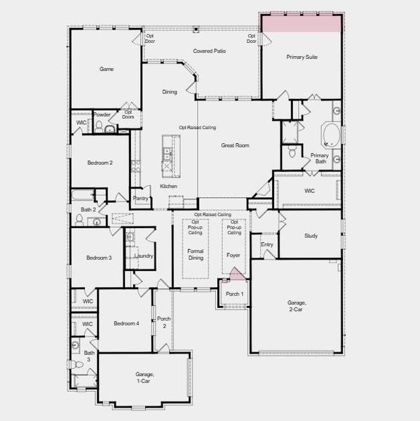 Additional highlights include: 42" door at front entry, fireplace, raised ceilings at foyer, dining room, gathering room, casual dining, and kitchen, extended primary suite, tub and shower at primary bath, pre-plumb for future outdoor kitchen, white cabinets and white quartz countertops throughout