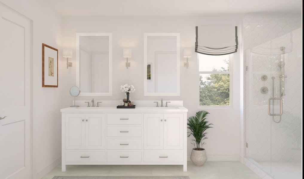 Primary bath with dual sinks and brushed nickel fixtures throughout