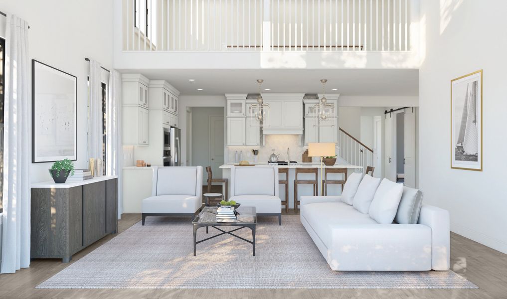 Great room with two-story volume ceiling