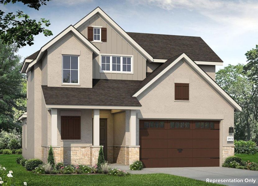 Front exterior of a new home in Cross Creek, Cedar Park, TX, highlighting curb appeal (Image 1). Front exterior of a new home in Cross Creek, Cedar Park, TX, highlighting curb appeal (Image 1).