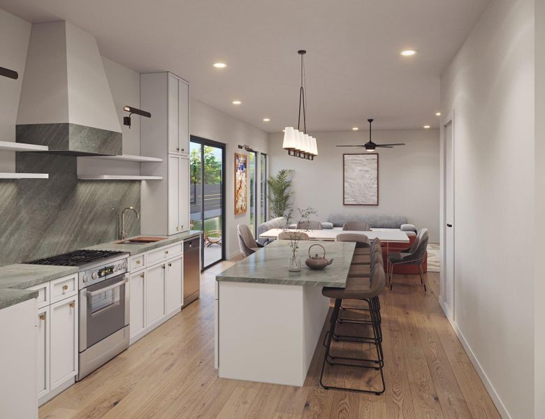 Kitchen with stainless steel appliances, open shelves, a sink, open floor plan, and wall chimney exhaust hood