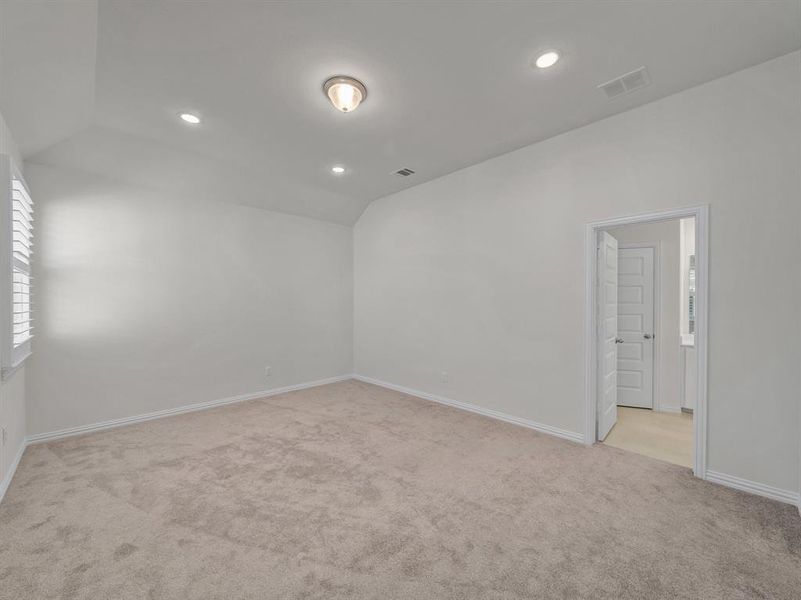 Carpeted empty room with lofted ceiling