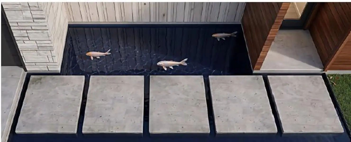 Concrete stepping stones span a tranquil koi pond, leading to a modern architectural entrance. Concrete stepping stones span a tranquil koi pond, leading to a modern architectural entrance.