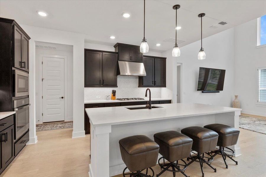 Kitchen with stainless steel appliances, under cabinet range hood, light wood-style flooring, light countertops, and recessed lighting