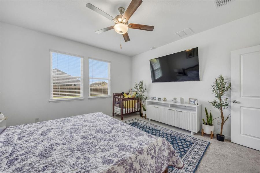 Spacious room featuring light gray carpet, multiple windows with blinds, a ceiling fan with light fixture, and a white paneled door Spacious room featuring light gray carpet, multiple windows with blinds, a ceiling fan with light fixture, and a white paneled door