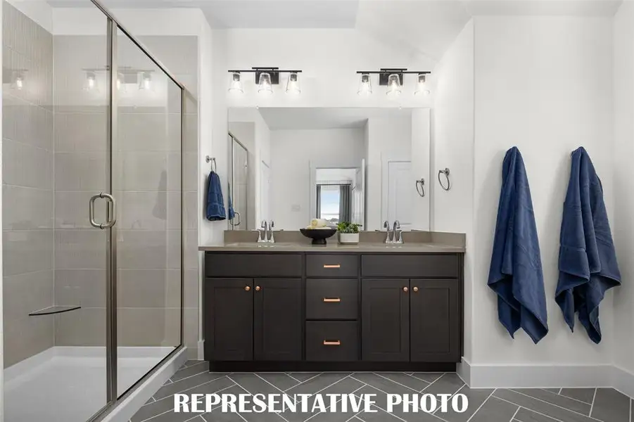 Vanity space for 2 and a spacious walk in shower are only a few of the thoughtful design elements you will find in our Camille plan Owner's Suite. REPRESENTATIVE PHOTO