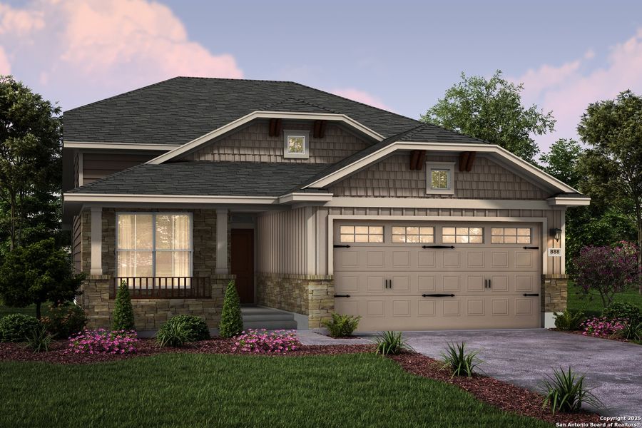 Front exterior of a new home in Homestead, Schertz, TX, highlighting curb appeal (Image 1).