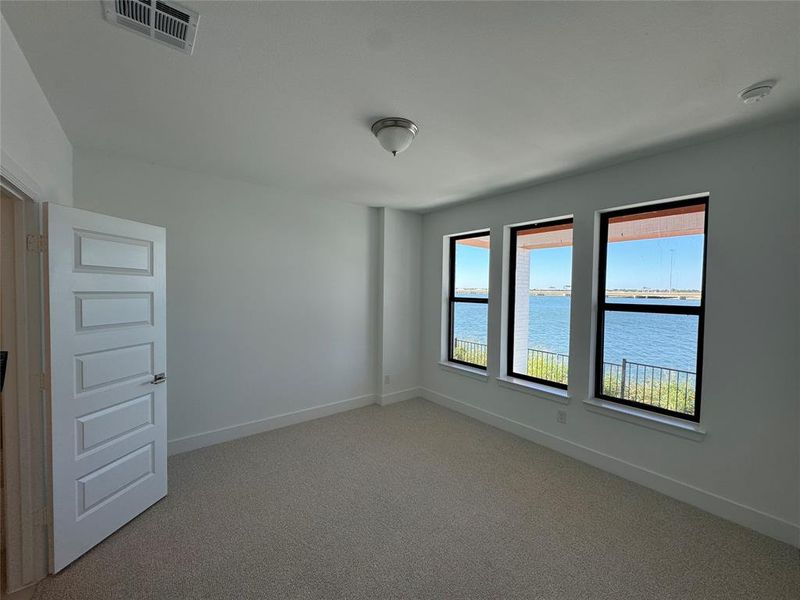 Primary bedroom with light carpet and a water view