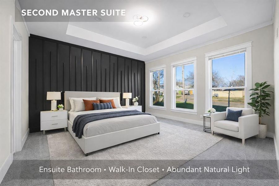 Smaller Master Bedroom with beautiful accent walls, plenty of large windows, walk in closet and attached bathroom and tray ceilings
