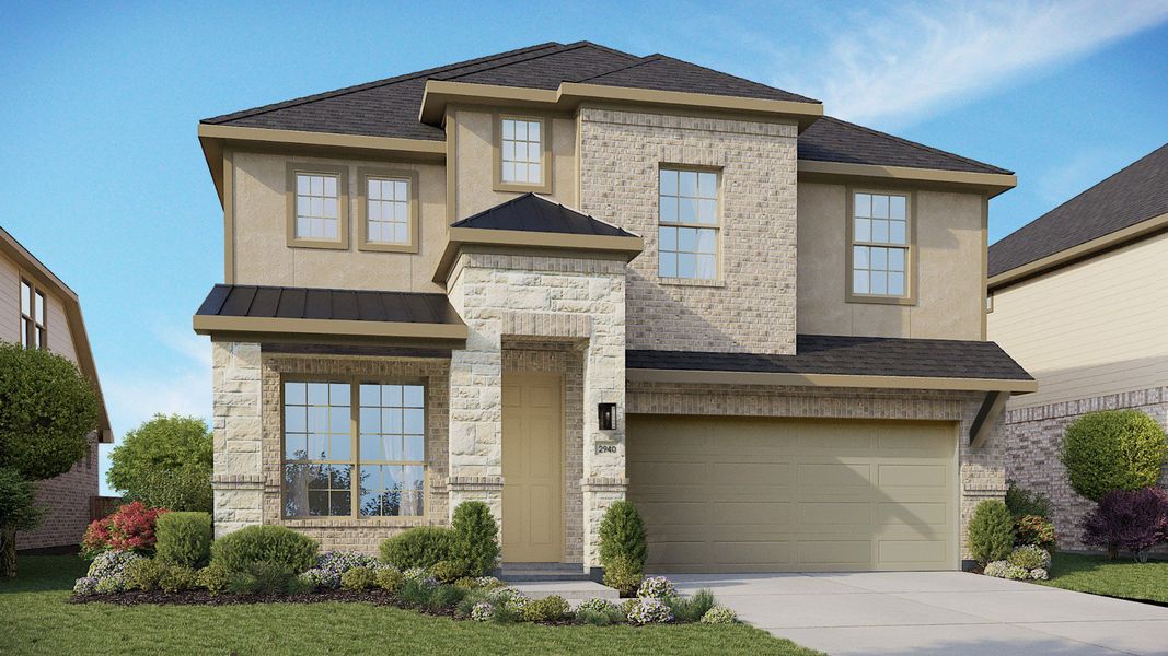 Representative exterior photo of a completed home built from the Capri by DRB Homes in Clear Creek, New Braunfels, TX (Image 2). Representative exterior photo of a completed home built from the Capri by DRB Homes in Clear Creek, New Braunfels, TX (Image 2).