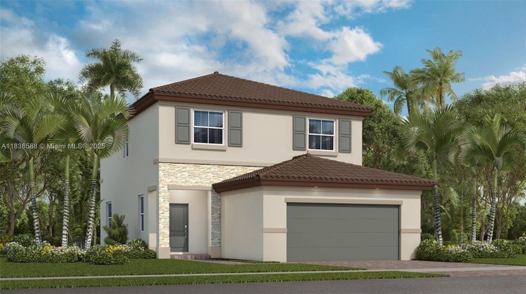 Front exterior of a new home in Altamira: Granada Collection, Homestead, FL, highlighting curb appeal (Image 1).
