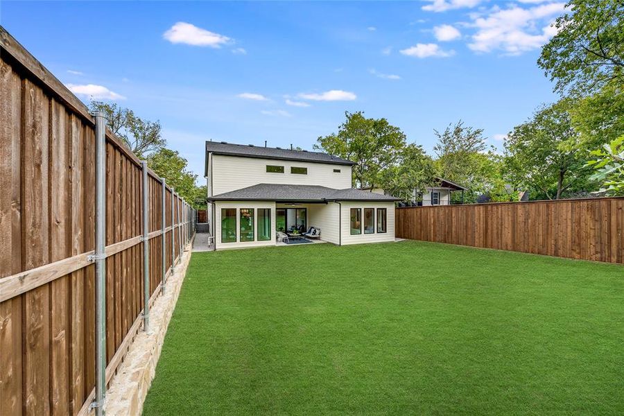 Rear view of house with a patio area, a fenced backyard, and roof with shingles Rear view of house with a patio area, a fenced backyard, and roof with shingles