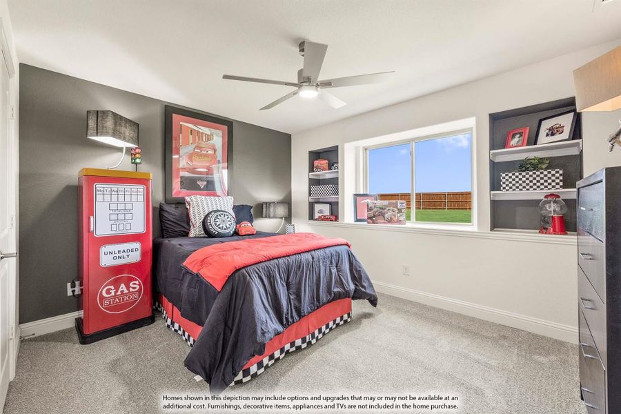 Kids bedroom with racing-themed decor, dark gray walls, ceiling fan, and built-in shelves
