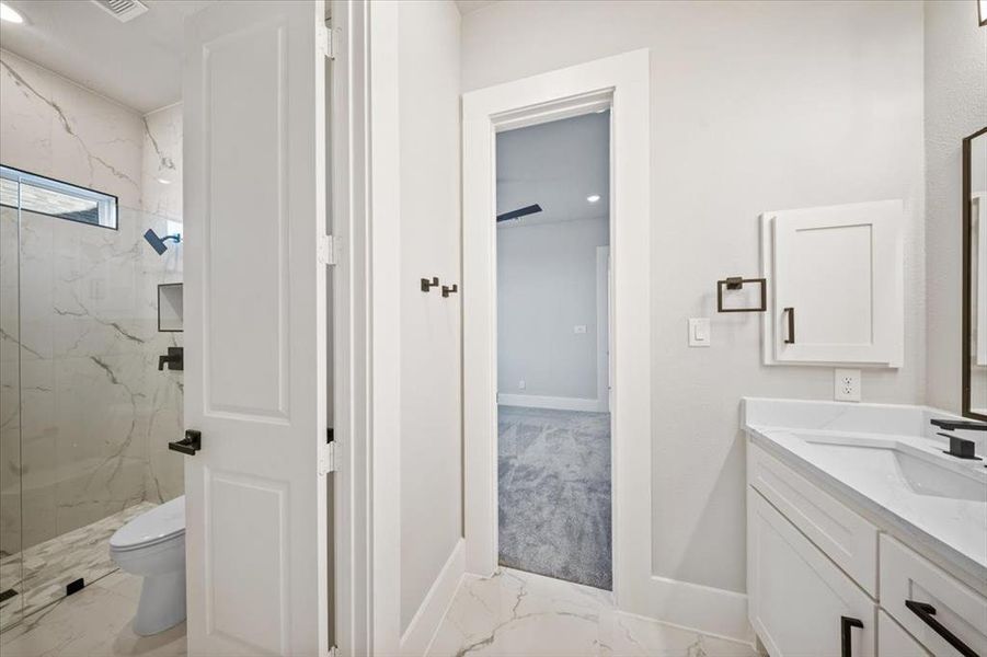 Bathroom with vanity, a tile shower, and toilet