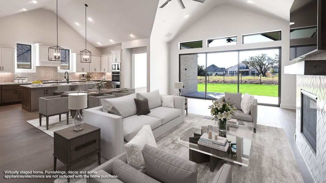 Living room featuring high vaulted ceiling, a high end fireplace, dark wood-style floors, ceiling fan, and recessed lighting