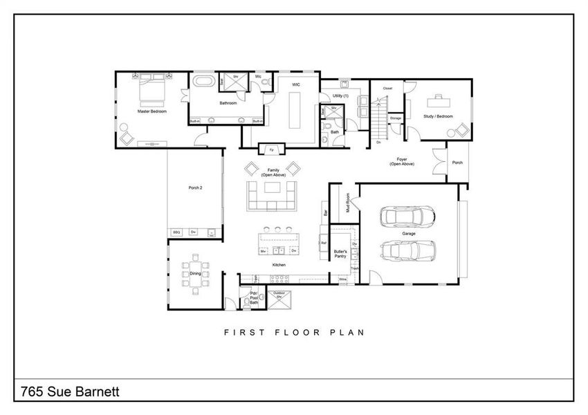 This first-floor plan features a spacious layout with a master bedroom and en-suite bathroom, an additional study/bedroom, and a utility room. The open-concept kitchen and family area lead to a covered porch. There is also a dining room, a bar, and a two-car garage. A foyer with open space enhances the entrance.