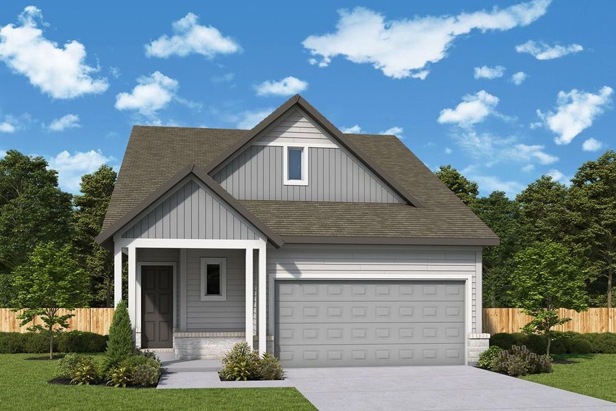 Front exterior of a new home in Kissing Tree – Grove Series, San Marcos, TX, highlighting curb appeal (Image 1). Front exterior of a new home in Kissing Tree – Grove Series, San Marcos, TX, highlighting curb appeal (Image 1).