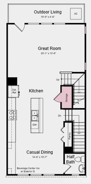 Main Level Floor Plan - Additional Highlights Include: Ledge at primary shower, quick tread and painted risers at 1st to 2nd floor, blinds, and white cabinets