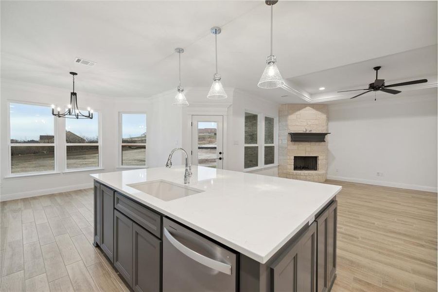 Kitchen with dishwasher, light hardwood / wood-style flooring, sink, and a stone fireplace